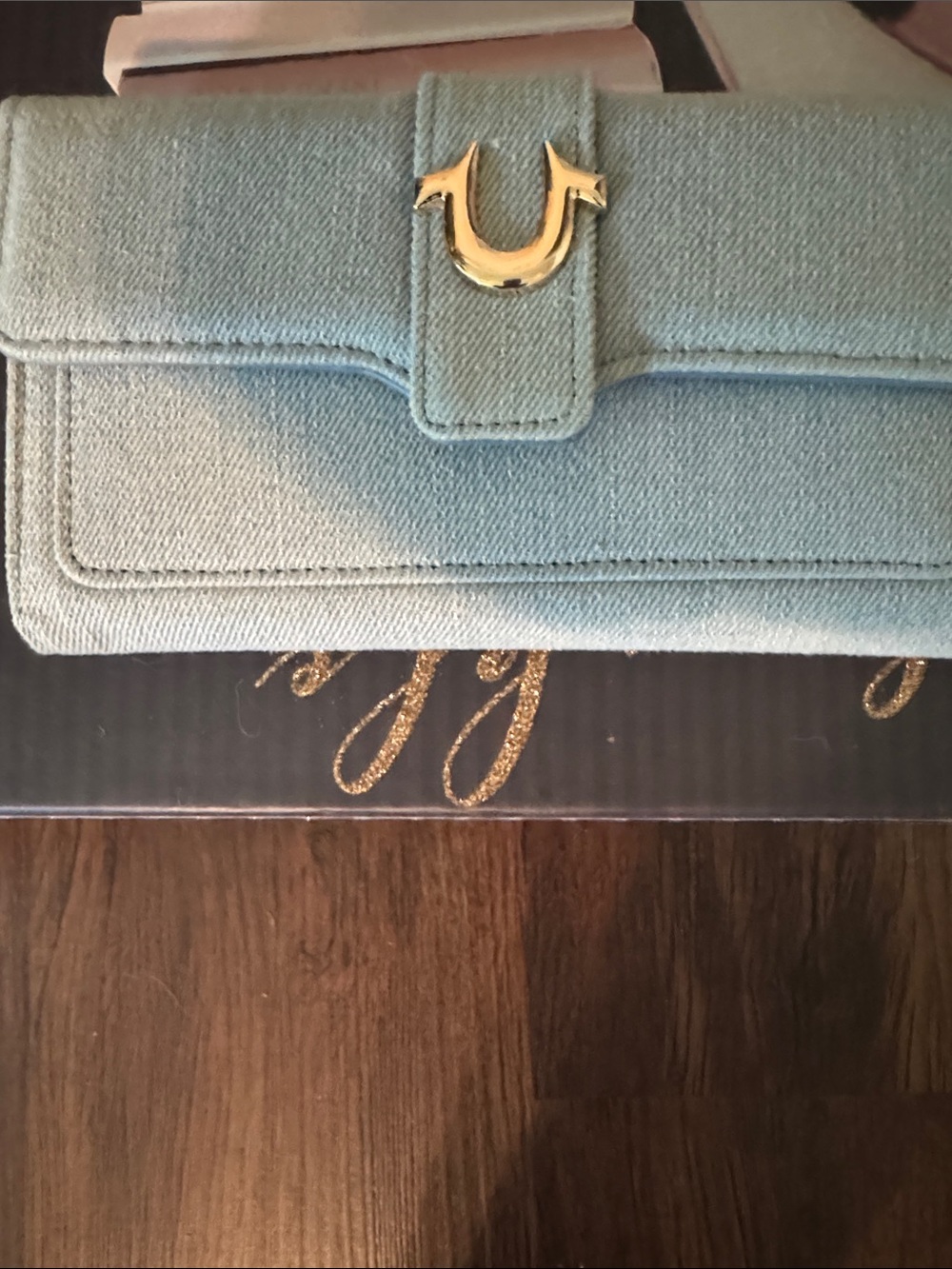 True Religion Pale Blue Fabric Wallet with Gold Horseshoe Logo